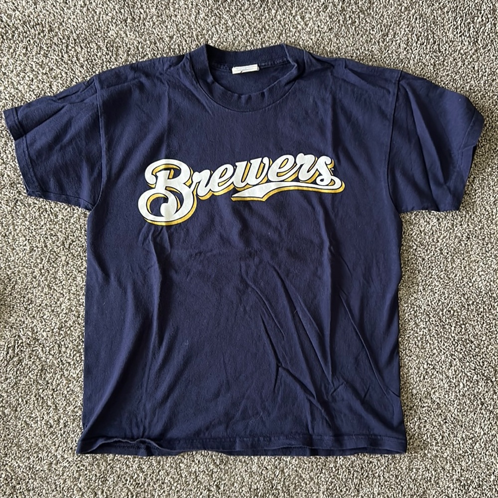 Majestic Brewers Navy Blue Short Sleeve Tee with White and Gold Script